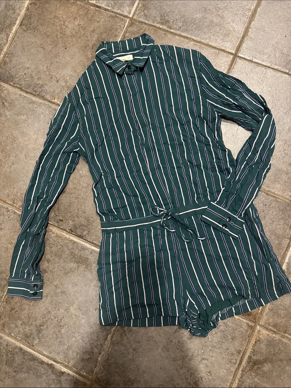 Urban Renewal Dark Green & White Striped Button-Down Romper